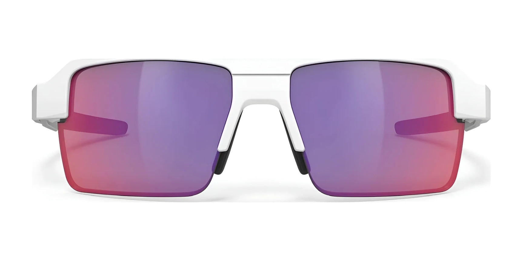 Rudy Project Sirius Sunglasses | Size 50 feature white sustainable frames and large rectangular lenses tinted purple and pink, offering stylish UV protection. Shown on a white background. Rudy Project Sirius Sunglasses | Size 50 feature white sustainable frames and large rectangular lenses tinted purple and pink, offering stylish UV protection. Shown on a white background.