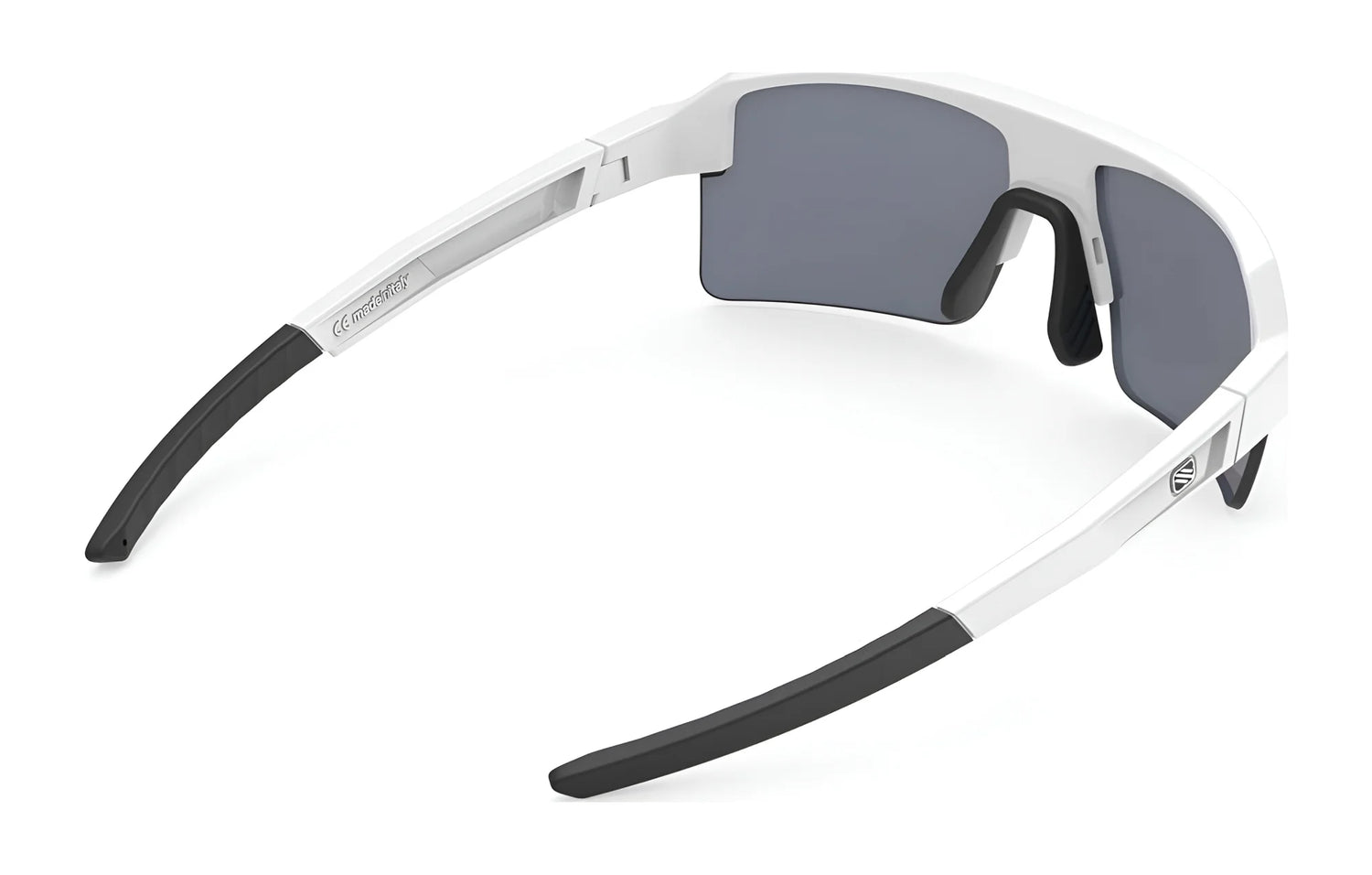 Rudy Project Sirius Sunglasses | Size 50 by Rudy Project feature white frames, black lenses, and black ear tips with UV rays protection, displayed on a white background. Rudy Project Sirius Sunglasses | Size 50 by Rudy Project feature white frames, black lenses, and black ear tips with UV rays protection, displayed on a white background.
