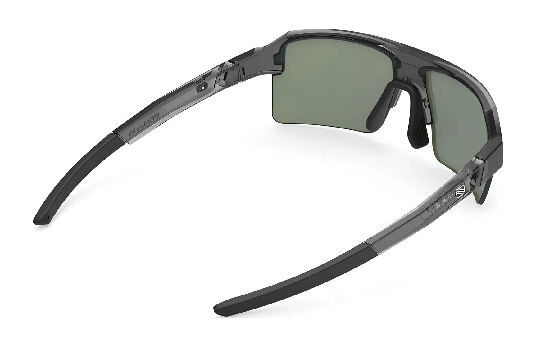The Rudy Project Sirius Sunglasses | Size 50 by Rudy Project, shown from an angled rear view on a white background, feature green lenses with UV protection for eye safety during outdoor activities. The Rudy Project Sirius Sunglasses | Size 50 by Rudy Project, shown from an angled rear view on a white background, feature green lenses with UV protection for eye safety during outdoor activities.