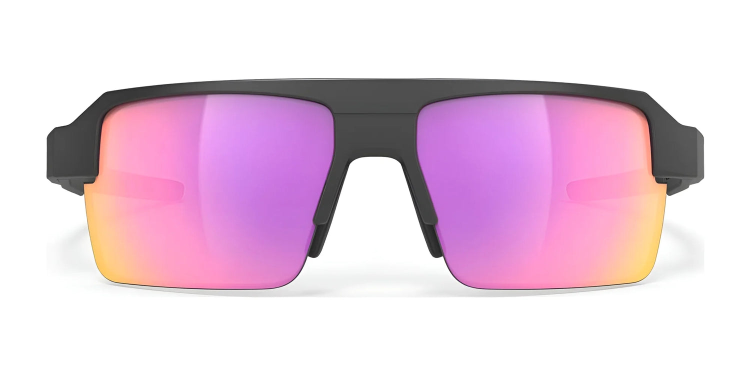 Rudy Project Sirius Sunglasses | Size 50 feature a black sustainable frame and pink-to-yellow gradient mirrored lenses for UV protection, displayed on a white background. Rudy Project Sirius Sunglasses | Size 50 feature a black sustainable frame and pink-to-yellow gradient mirrored lenses for UV protection, displayed on a white background.
