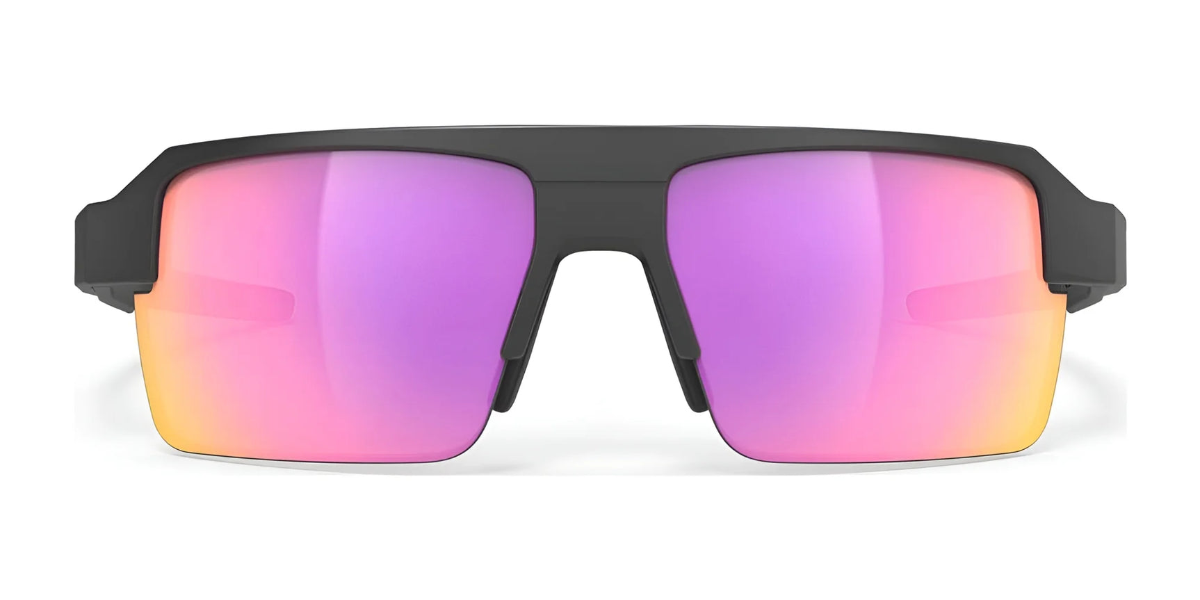 Rudy Project Sirius Sunglasses | Size 50 feature a black sustainable frame and pink-to-yellow gradient mirrored lenses for UV protection, displayed on a white background. Rudy Project Sirius Sunglasses | Size 50 feature a black sustainable frame and pink-to-yellow gradient mirrored lenses for UV protection, displayed on a white background.