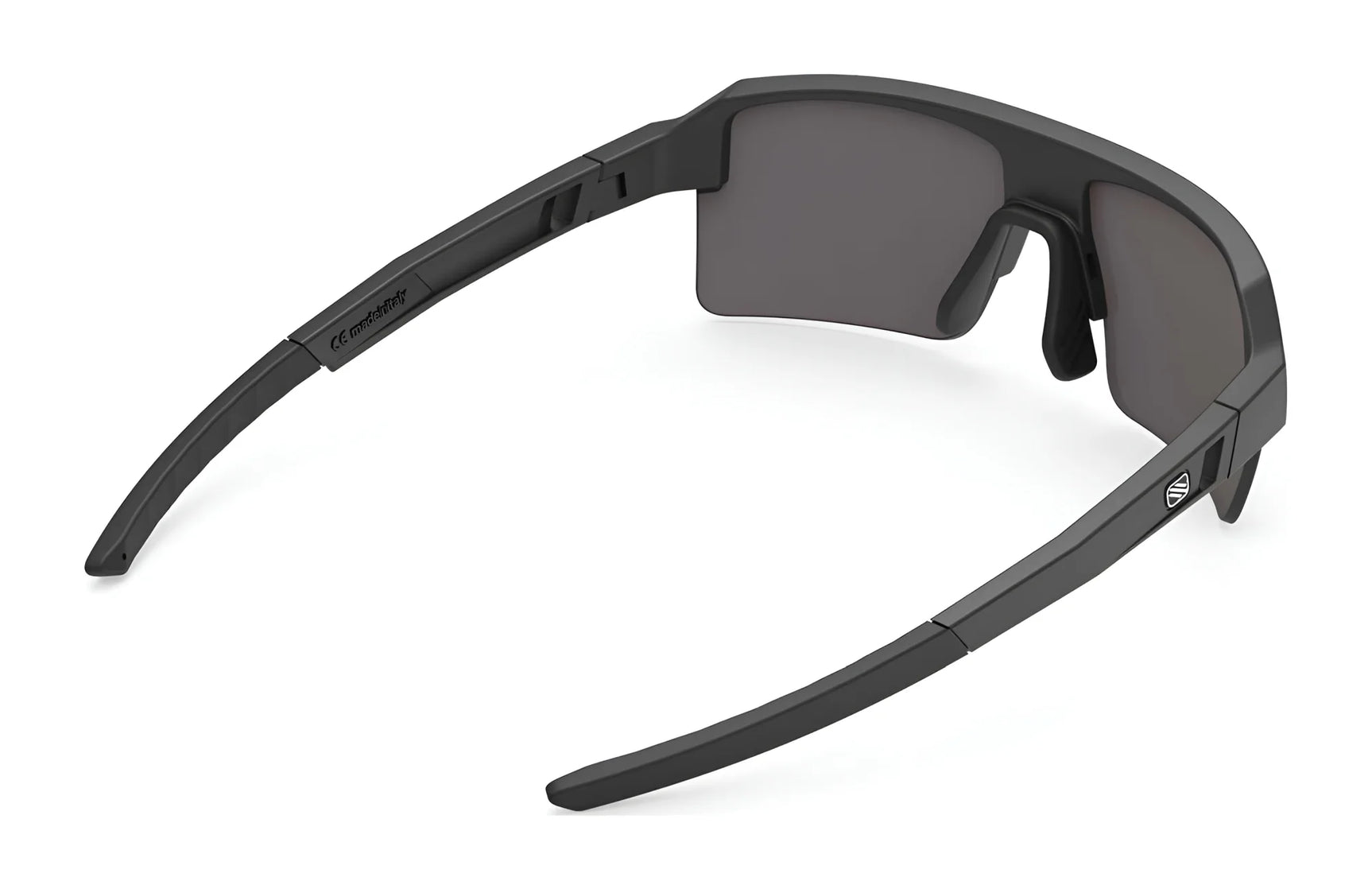 The Rudy Project Sirius Sunglasses | Size 50 by Rudy Project are sleek black sports sunglasses with dark lenses, UV protection, shown from the side and slightly above on a white background. The Rudy Project Sirius Sunglasses | Size 50 by Rudy Project are sleek black sports sunglasses with dark lenses, UV protection, shown from the side and slightly above on a white background.