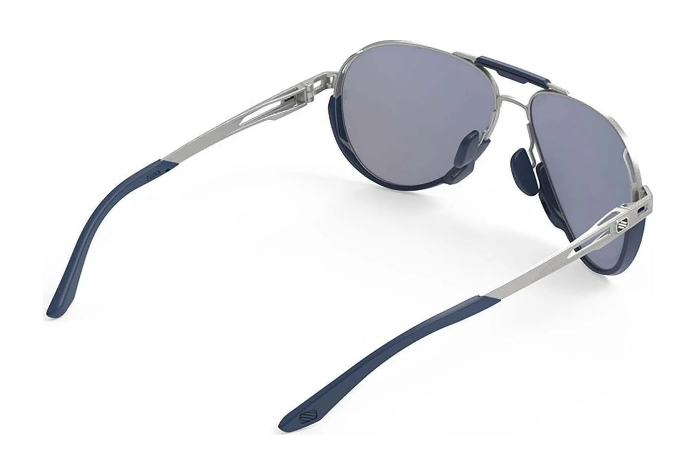 Rudy Project Skytrail Sunglasses | Size 58: Sleek metal-frame aviators with blue accents, reflective lenses, and adjustable temple tips, folded on a white background. Rudy Project Skytrail Sunglasses | Size 58: Sleek metal-frame aviators with blue accents, reflective lenses, and adjustable temple tips, folded on a white background.
