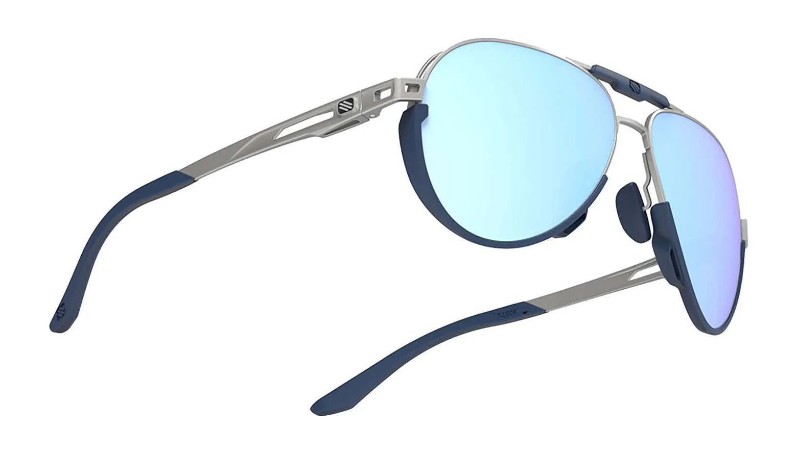 Rudy Project Skytrail Sunglasses | Size 58 shown at an angle on a white background, featuring a blue and silver sleek metal frame with mirrored lenses by Rudy Project. Rudy Project Skytrail Sunglasses | Size 58 shown at an angle on a white background, featuring a blue and silver sleek metal frame with mirrored lenses by Rudy Project.