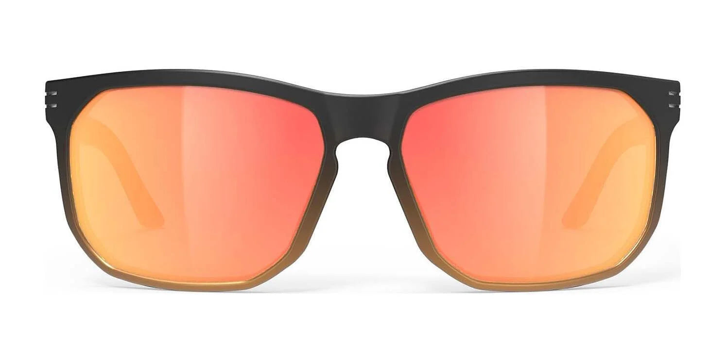 Rudy Project Soundrise Sunglasses, Size 62, in black with large orange-pink reflective lenses shown front-facing on a white background—ideal for an active lifestyle, offering enhanced clarity with superior Rudy Project lenses. Rudy Project Soundrise Sunglasses, Size 62, in black with large orange-pink reflective lenses shown front-facing on a white background—ideal for an active lifestyle, offering enhanced clarity with superior Rudy Project lenses.
