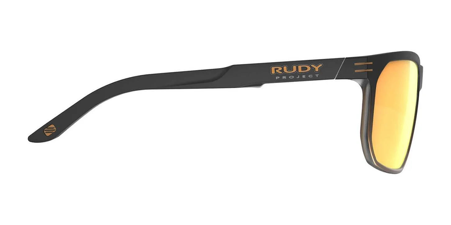 Side view of Rudy Project Soundrise Sunglasses | Size 62, featuring black frames, orange mirrored lenses, and a gold temple logo—ideal for an active lifestyle. Side view of Rudy Project Soundrise Sunglasses | Size 62, featuring black frames, orange mirrored lenses, and a gold temple logo—ideal for an active lifestyle.