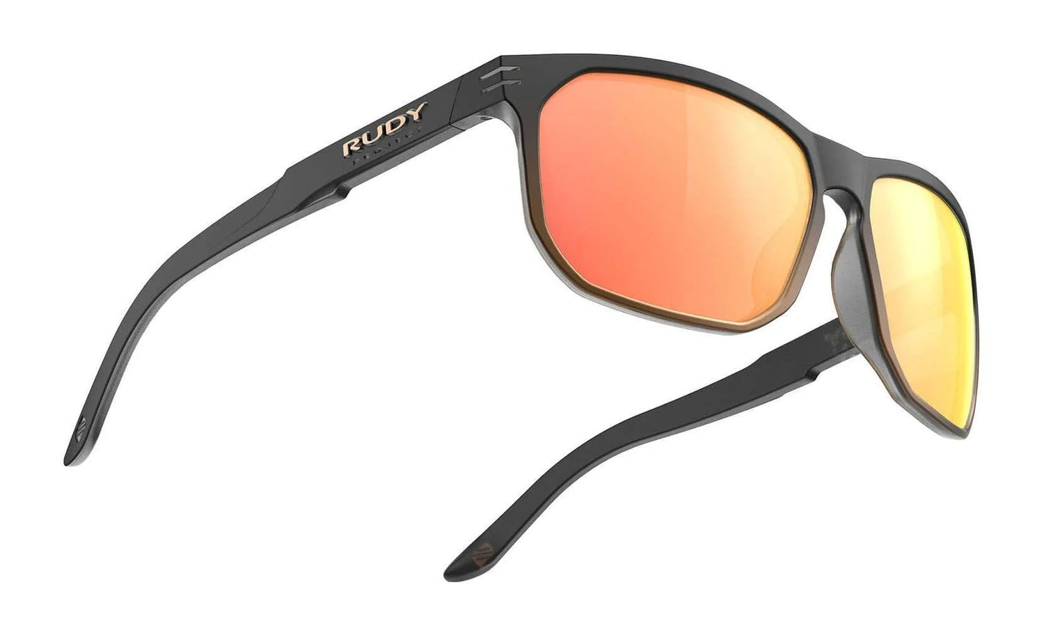 The Rudy Project Soundrise Sunglasses | Size 62 feature black frames and orange mirrored, superior lenses—ideal for an active lifestyle. Displayed against a white background. The Rudy Project Soundrise Sunglasses | Size 62 feature black frames and orange mirrored, superior lenses—ideal for an active lifestyle. Displayed against a white background.
