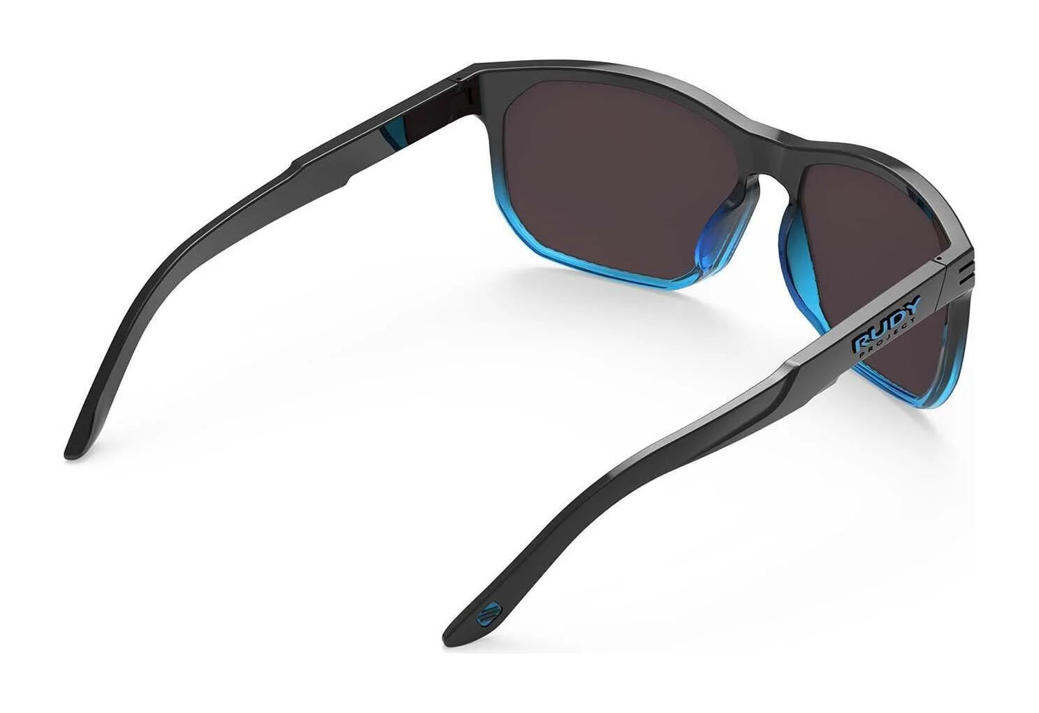 Rudy Project Soundrise Sunglasses | Size 62 feature black frames with blue inner accents and dark superior lenses, shown from the back and slightly above—ideal for an active lifestyle. Rudy Project Soundrise Sunglasses | Size 62 feature black frames with blue inner accents and dark superior lenses, shown from the back and slightly above—ideal for an active lifestyle.