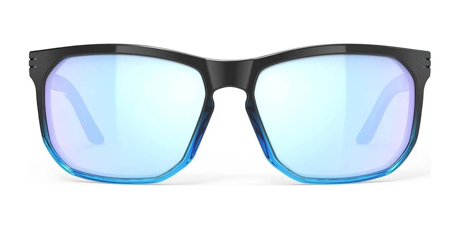 Front view of Rudy Project Soundrise Sunglasses | Size 62, featuring black frames and blue reflective lenses for an active lifestyle, displayed on a white background. Front view of Rudy Project Soundrise Sunglasses | Size 62, featuring black frames and blue reflective lenses for an active lifestyle, displayed on a white background.