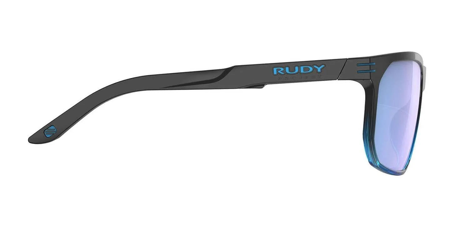 Side view of Rudy Project Soundrise Sunglasses | Size 62 in black and blue, featuring reflective superior lenses and logo on the temple—ideal for an active lifestyle. Side view of Rudy Project Soundrise Sunglasses | Size 62 in black and blue, featuring reflective superior lenses and logo on the temple—ideal for an active lifestyle.