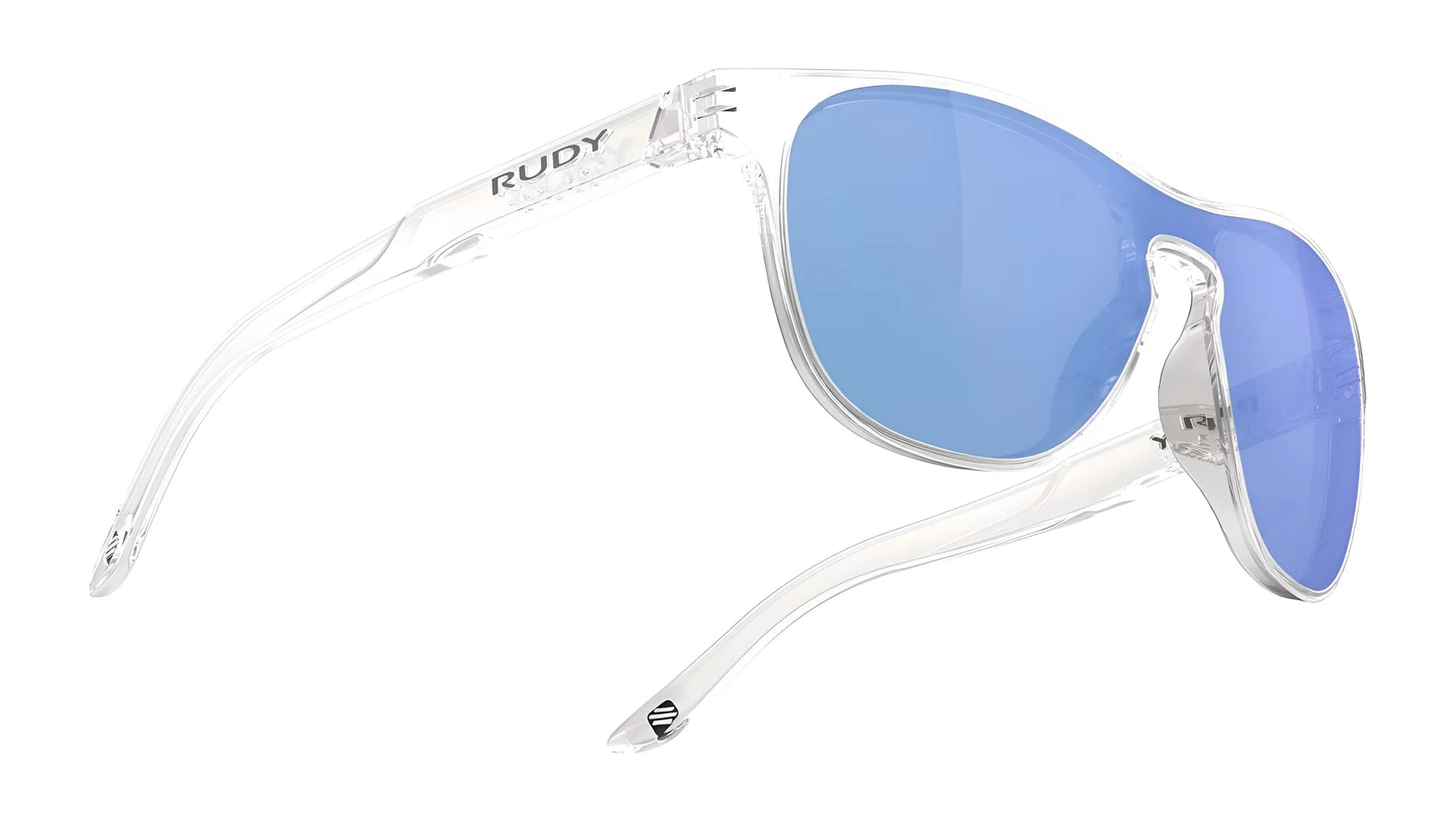 Rudy Project Soundshield Sunglasses | Size 126 in clear frame with blue-tinted lenses, shown from the back left—ideal eyewear for an active lifestyle. Rudy Project Soundshield Sunglasses | Size 126 in clear frame with blue-tinted lenses, shown from the back left—ideal eyewear for an active lifestyle.