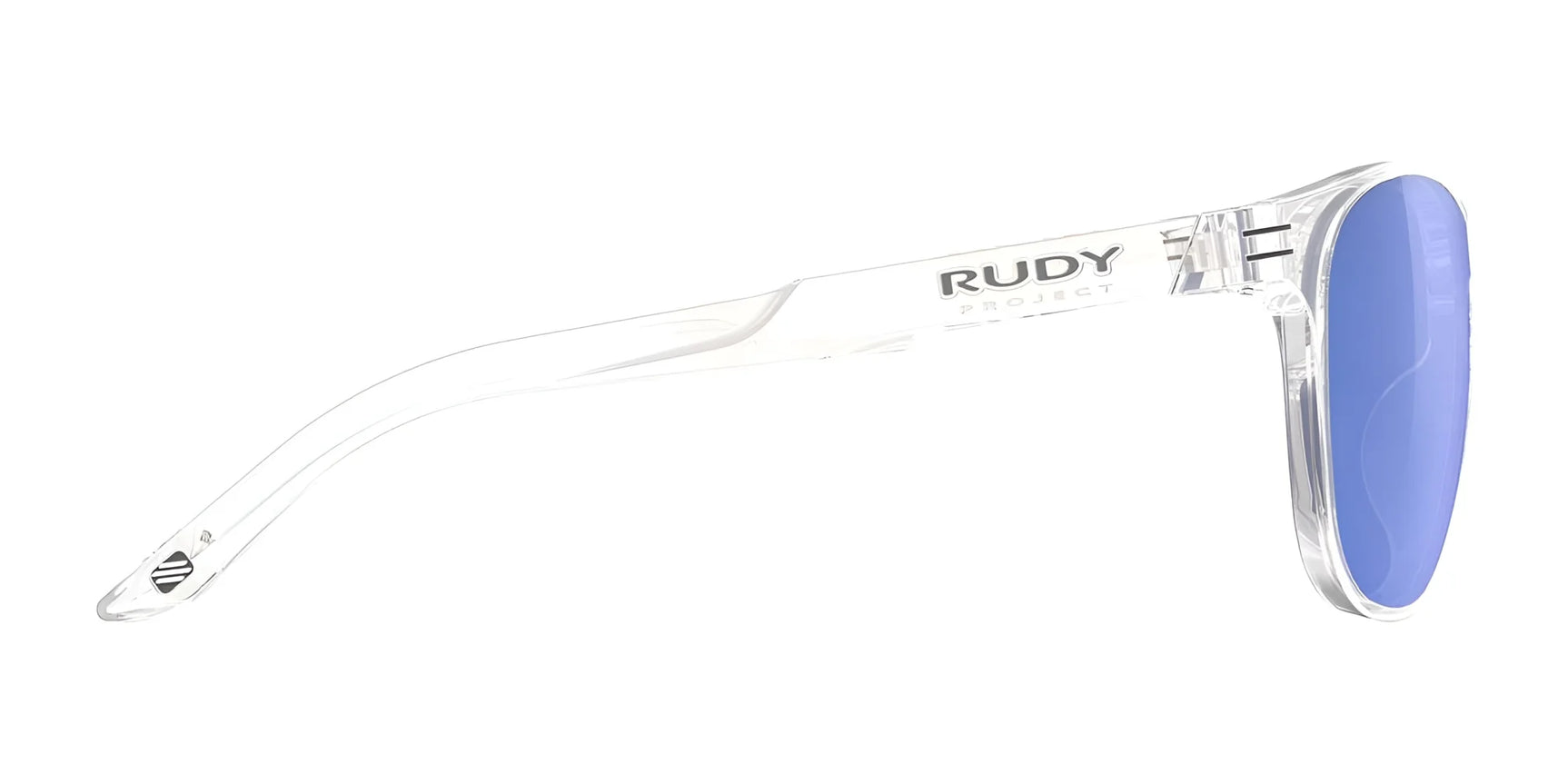 Side view of Rudy Project Soundshield Sunglasses | Size 126 with clear frames, blue lenses, and the "Rudy Project" logo on the arm—ideal for an active lifestyle. Side view of Rudy Project Soundshield Sunglasses | Size 126 with clear frames, blue lenses, and the "Rudy Project" logo on the arm—ideal for an active lifestyle.