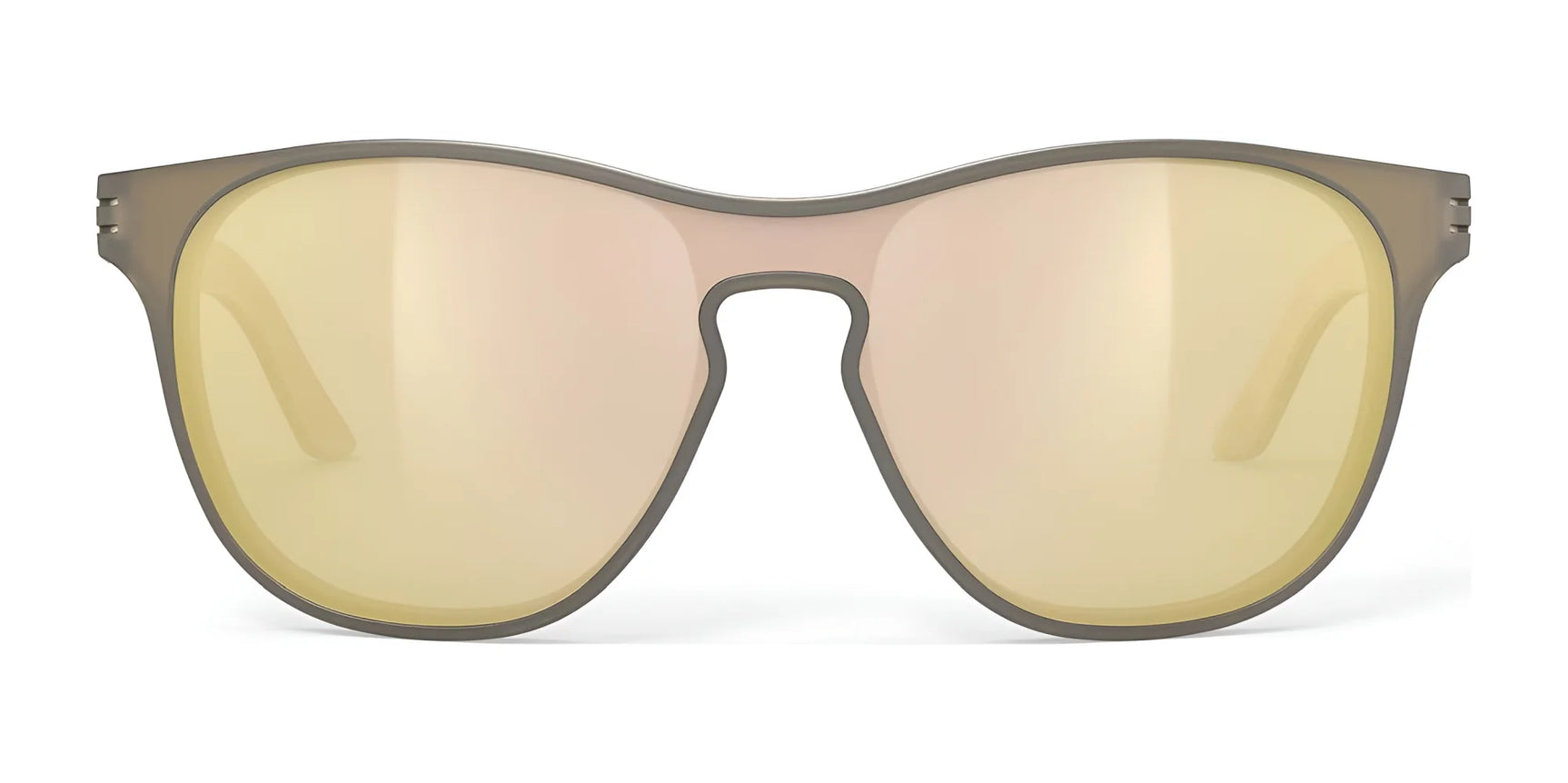 Rudy Project Soundshield Sunglasses | Size 126 in beige feature oversized gold-tinted lenses and a wide, curved frame—ideal for an active lifestyle—displayed against a white background. Rudy Project Soundshield Sunglasses | Size 126 in beige feature oversized gold-tinted lenses and a wide, curved frame—ideal for an active lifestyle—displayed against a white background.