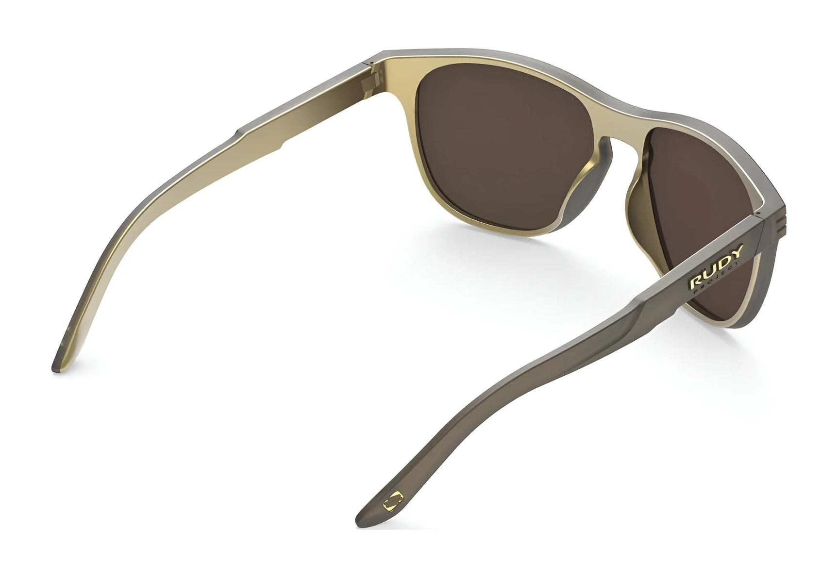 Rudy Project Soundshield Sunglasses in olive green with dark lenses, Size 126, perfect for an active lifestyle, shown from the rear on a white background. Rudy Project Soundshield Sunglasses in olive green with dark lenses, Size 126, perfect for an active lifestyle, shown from the rear on a white background.