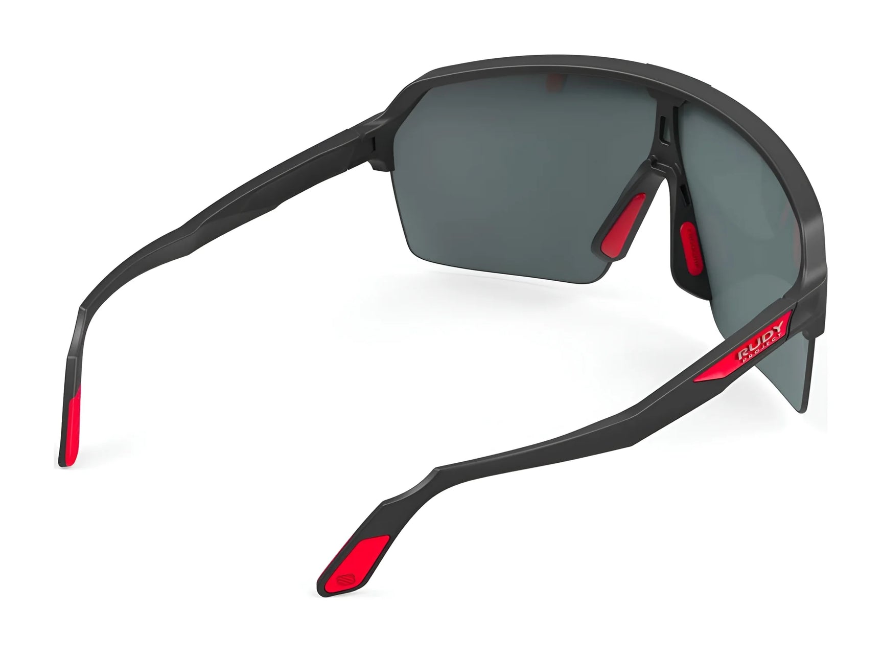 Rudy Project Spinshield Air Sunglasses (Size 147) in black with red accents and dark lenses offer a stylish look, reliable UV protection, and are shown from an angle highlighting the side and back design. Rudy Project Spinshield Air Sunglasses (Size 147) in black with red accents and dark lenses offer a stylish look, reliable UV protection, and are shown from an angle highlighting the side and back design.