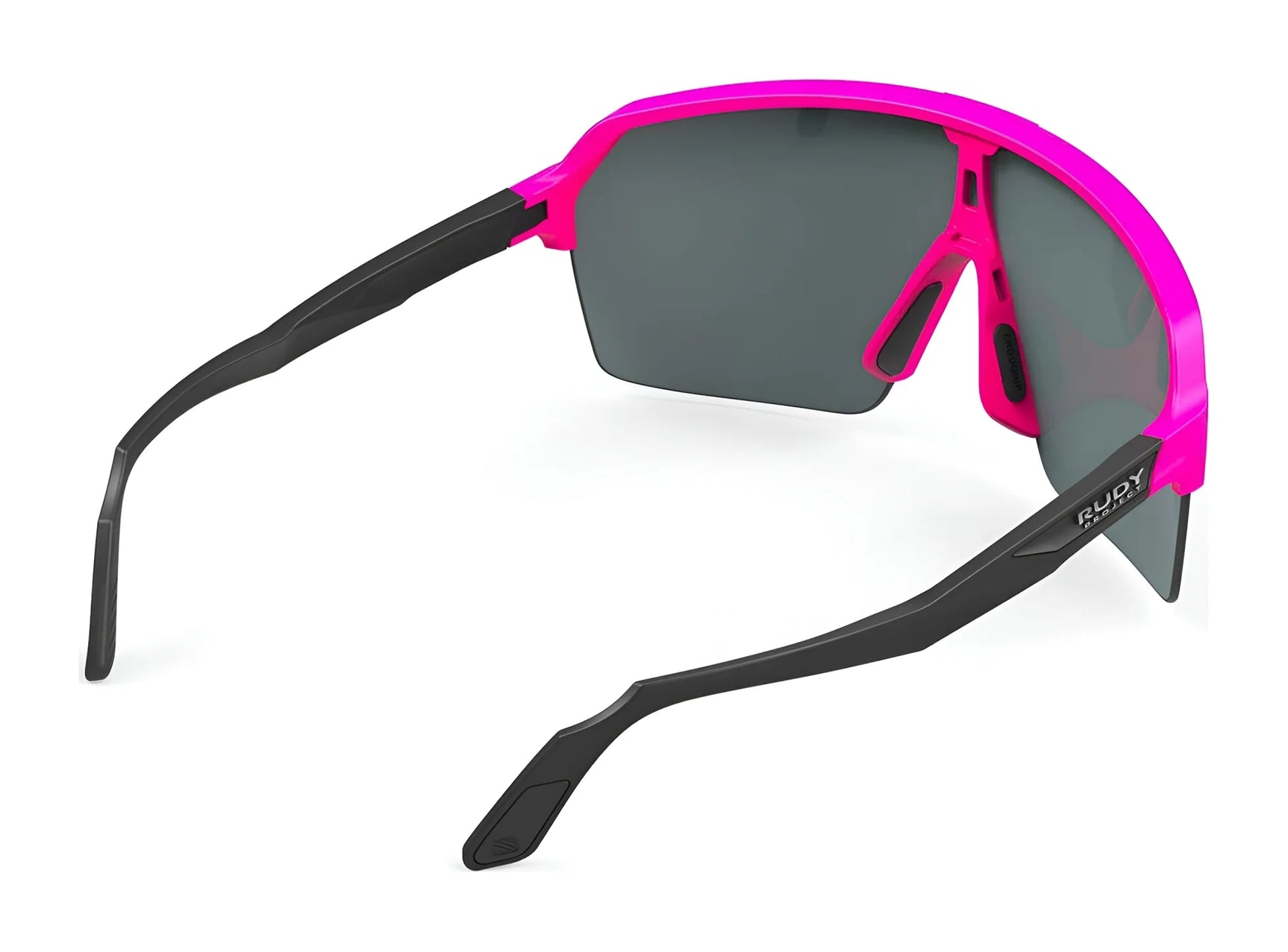 Rudy Project Spinshield Air Sunglasses | Size 147 feature black arms, UV-protective dark lenses, and a vibrant pink frame by Rudy Project, shown against a white background. Rudy Project Spinshield Air Sunglasses | Size 147 feature black arms, UV-protective dark lenses, and a vibrant pink frame by Rudy Project, shown against a white background.