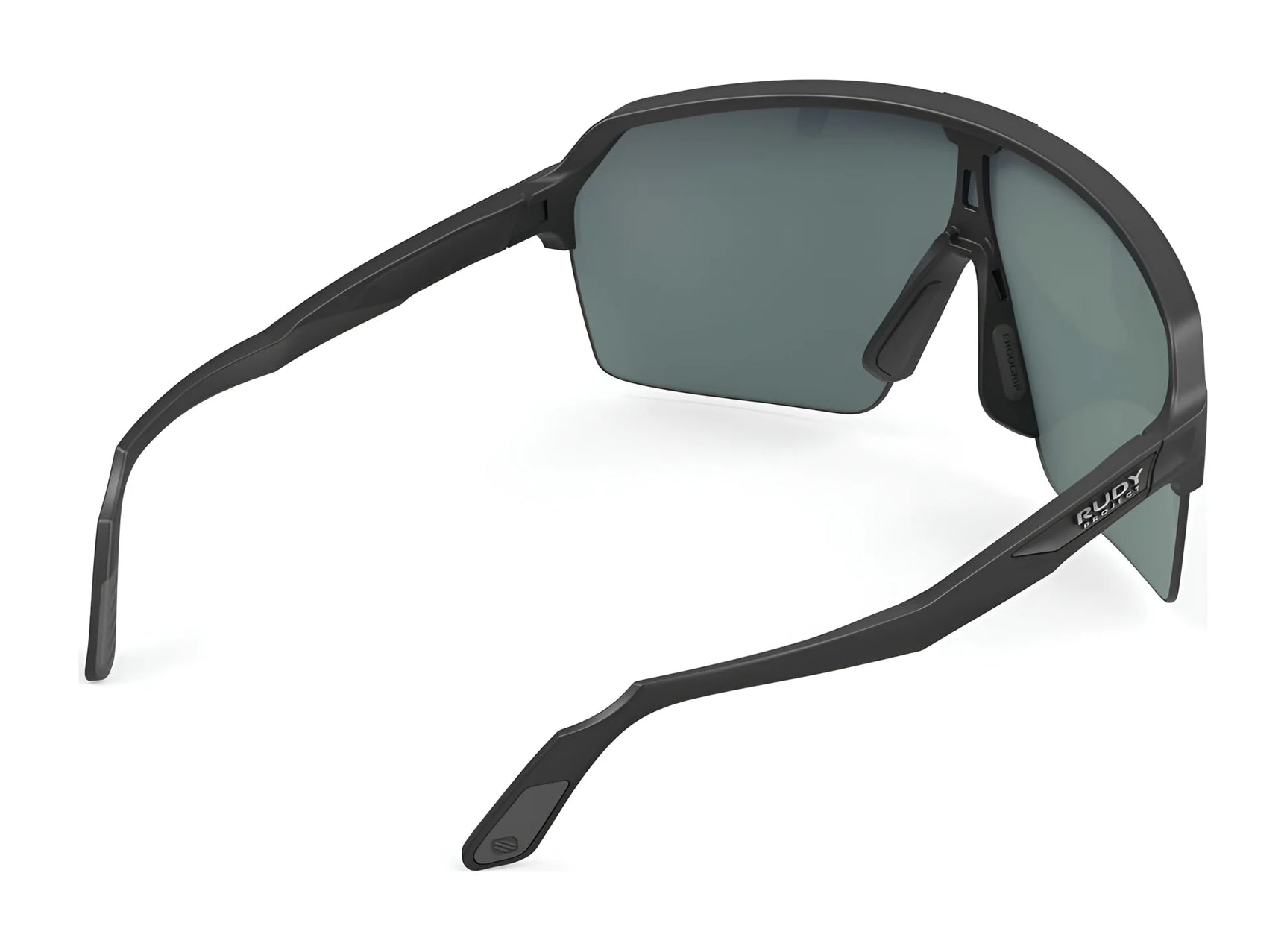 The Rudy Project Spinshield Air Sunglasses | Size 147, in black with green lenses, are shown angled from the back on a white background, offering superior UV protection for your eyes. The Rudy Project Spinshield Air Sunglasses | Size 147, in black with green lenses, are shown angled from the back on a white background, offering superior UV protection for your eyes.