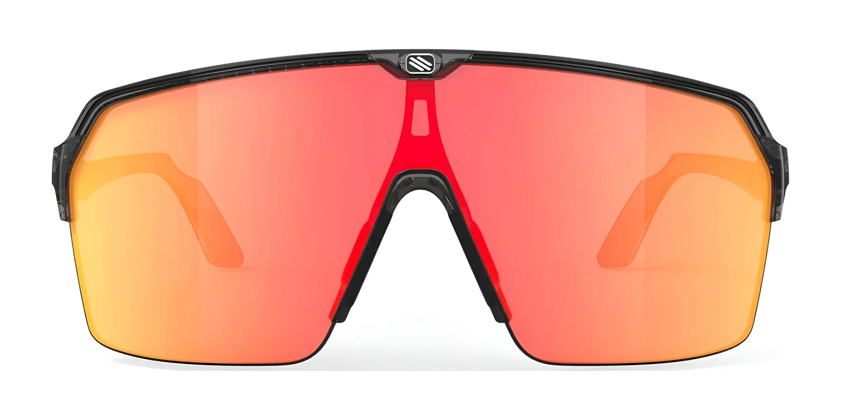 The Rudy Project Spinshield Air Sunglasses | Size 147 feature a black and red frame with a single orange-red mirrored lens, offering superior UV protection for outdoor athletes. The Rudy Project Spinshield Air Sunglasses | Size 147 feature a black and red frame with a single orange-red mirrored lens, offering superior UV protection for outdoor athletes.