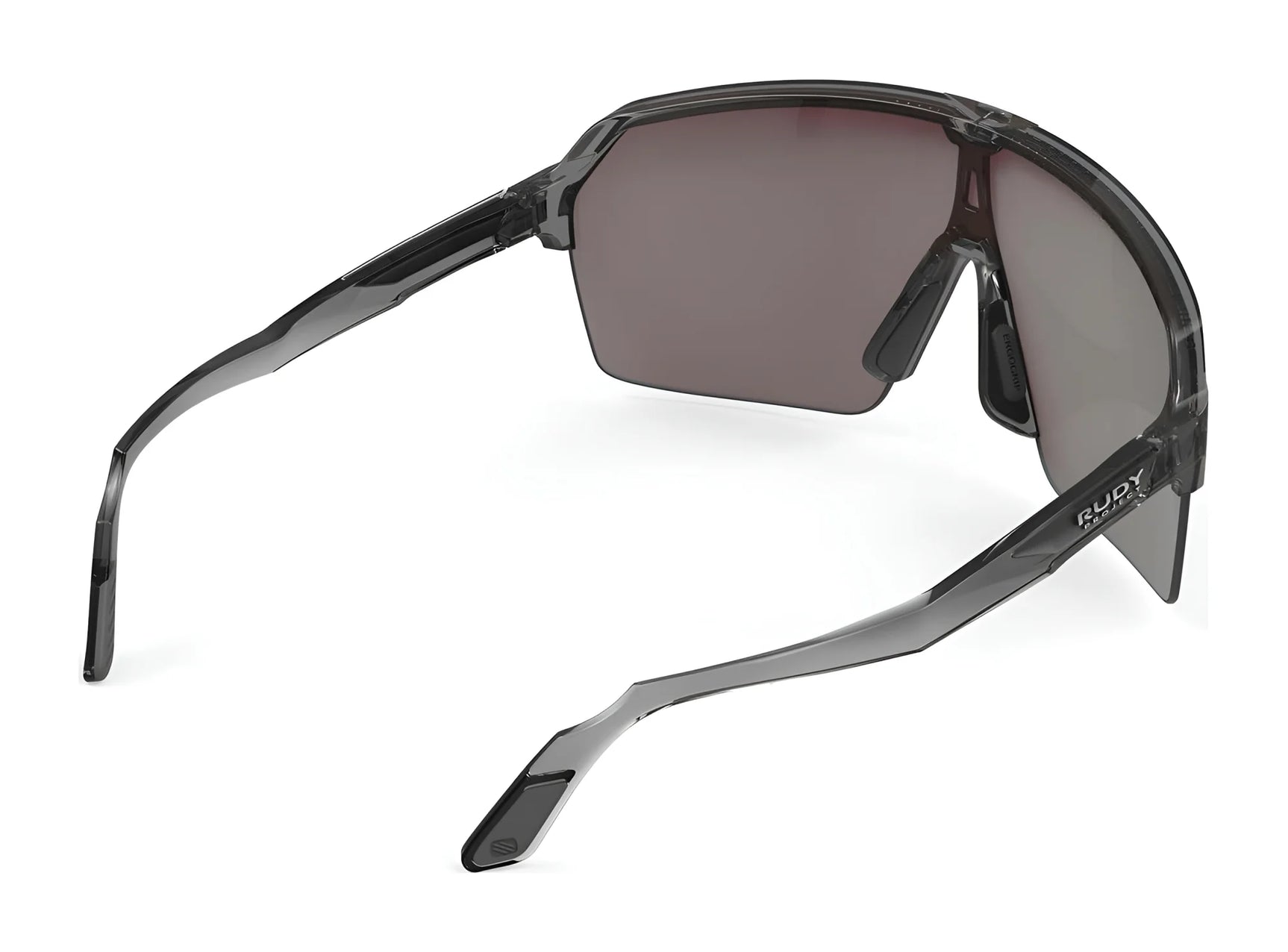 The Rudy Project Spinshield Air Sunglasses | Size 147 feature a sleek gray design and wraparound mirrored lenses for stylish UV protection, shown here from the back. The Rudy Project Spinshield Air Sunglasses | Size 147 feature a sleek gray design and wraparound mirrored lenses for stylish UV protection, shown here from the back.