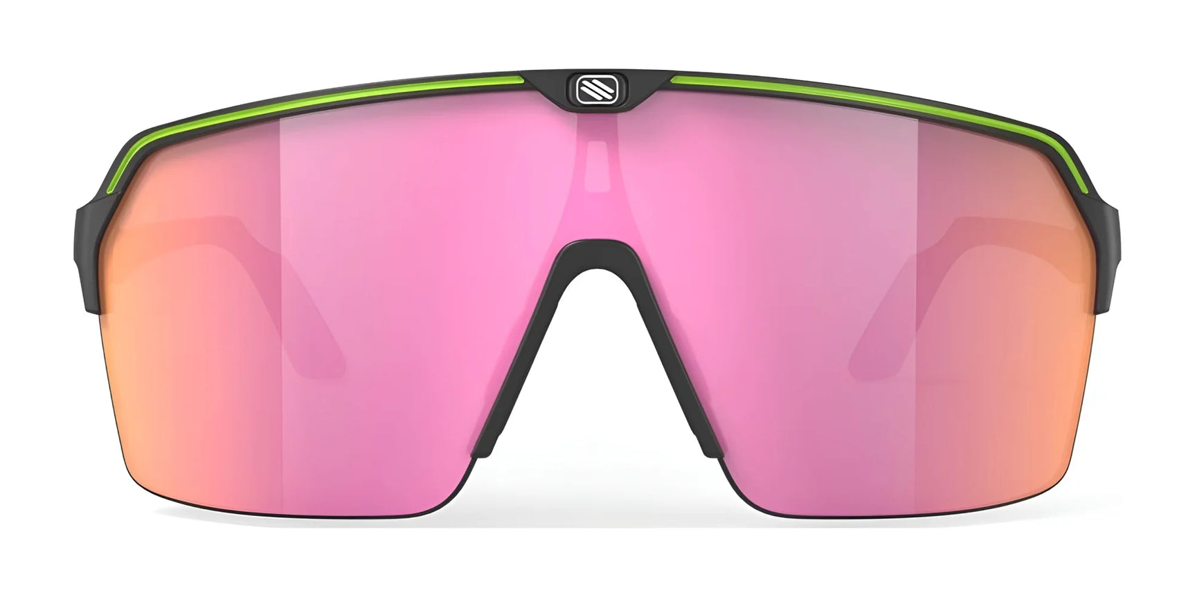 The Rudy Project Spinshield Air Sunglasses | Size 147 feature a large pink lens, black frame, and green top accent, delivering excellent UV protection—perfect for active lifestyles. The Rudy Project Spinshield Air Sunglasses | Size 147 feature a large pink lens, black frame, and green top accent, delivering excellent UV protection—perfect for active lifestyles.
