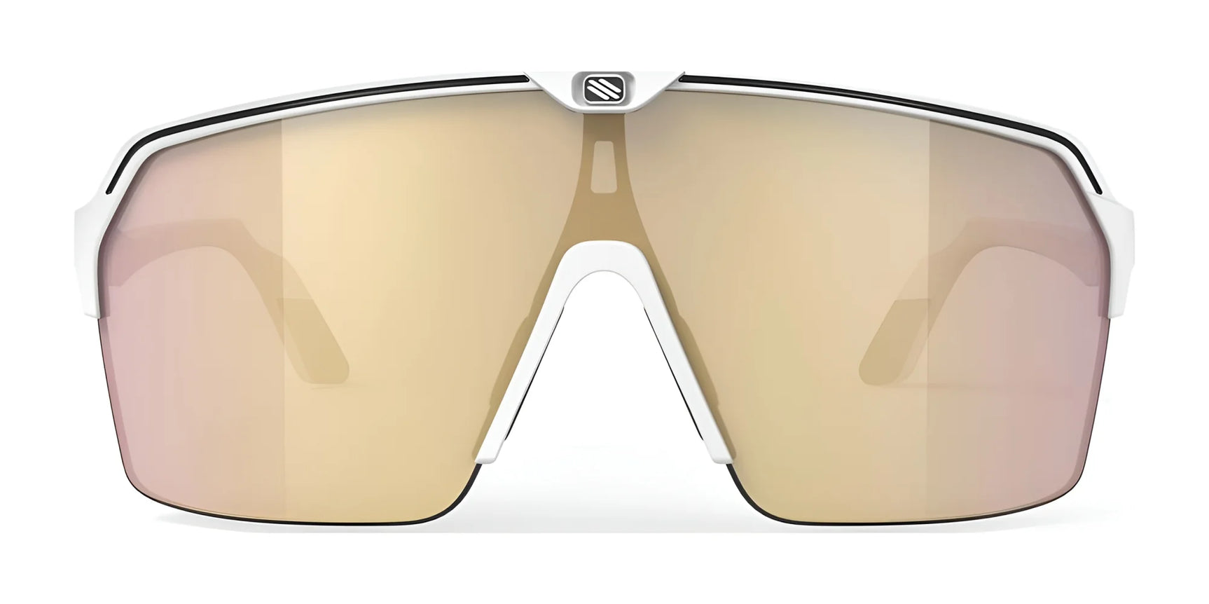 Front view of Rudy Project Spinshield Air Sunglasses | Size 147 in white, featuring large reflective gold-tinted lenses and advanced UV protection. Front view of Rudy Project Spinshield Air Sunglasses | Size 147 in white, featuring large reflective gold-tinted lenses and advanced UV protection.