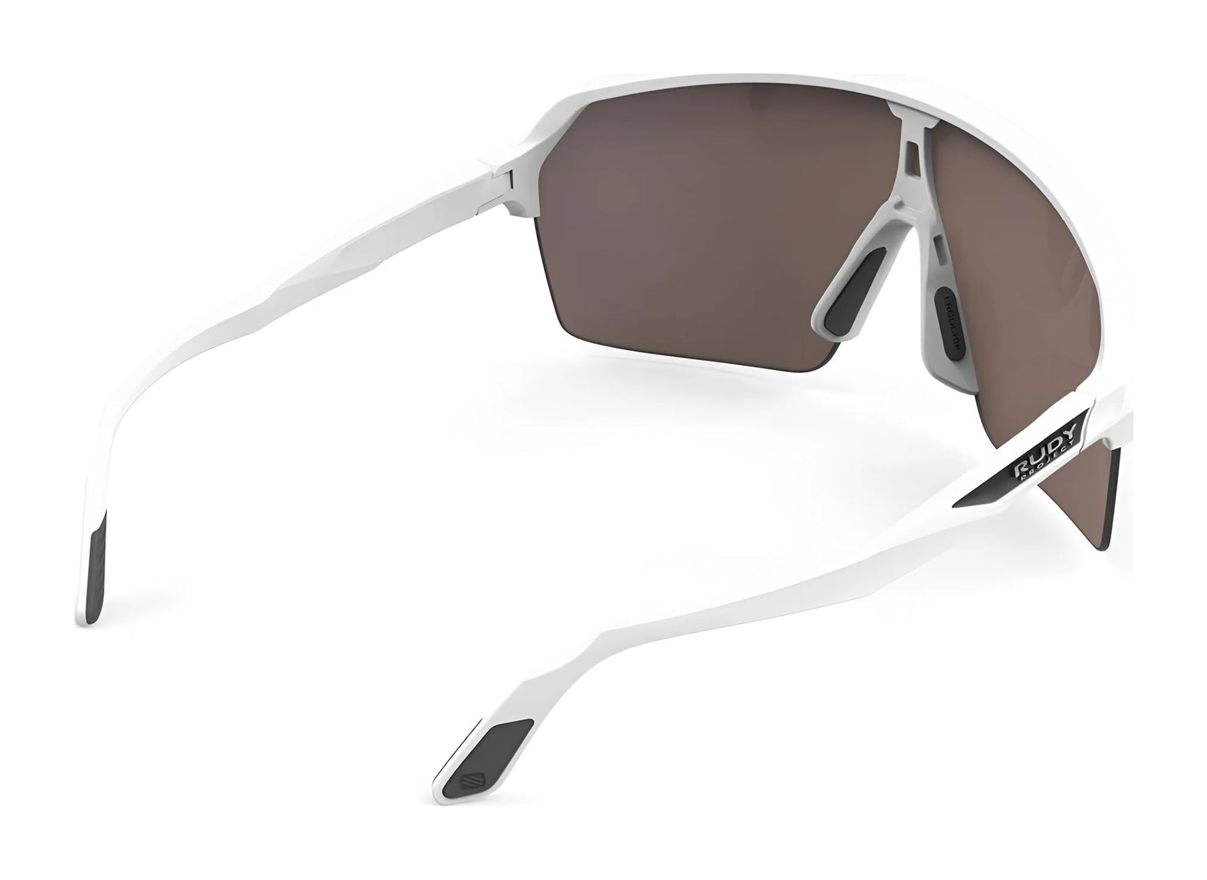 Rudy Project Spinshield Air Sunglasses in white with brown lenses, size 147, shown angled to display side and inside details. UV-protective eyewear ideal for sports activities. Rudy Project Spinshield Air Sunglasses in white with brown lenses, size 147, shown angled to display side and inside details. UV-protective eyewear ideal for sports activities.