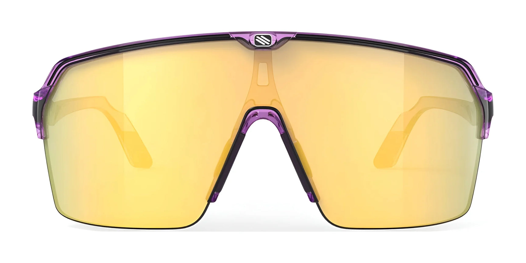 Rudy Project Spinshield Air Sunglasses (Size 147) by Rudy Project, featuring a yellow-tinted lens and purple frame, shown from the front on a white background, combine stylish design with UV protection. Rudy Project Spinshield Air Sunglasses (Size 147) by Rudy Project, featuring a yellow-tinted lens and purple frame, shown from the front on a white background, combine stylish design with UV protection.