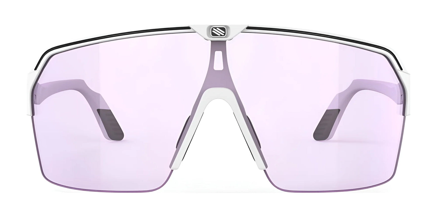 The Rudy Project Spinshield Air Sunglasses (Size 147) feature large light purple lenses and a white and black frame, viewed from the front—delivering advanced UV protection for active lifestyles. The Rudy Project Spinshield Air Sunglasses (Size 147) feature large light purple lenses and a white and black frame, viewed from the front—delivering advanced UV protection for active lifestyles.