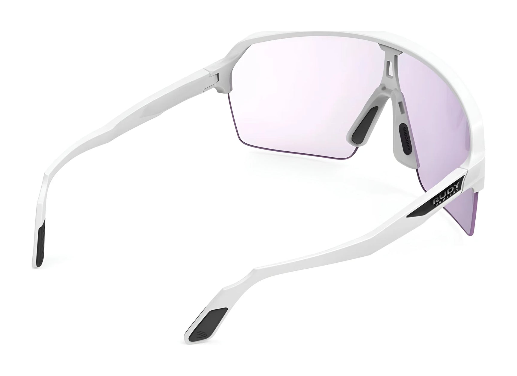 Rudy Project Spinshield Air Sunglasses | Size 147 in white with pink-tinted lenses offer UV protection, displayed from the back and side angle. Rudy Project Spinshield Air Sunglasses | Size 147 in white with pink-tinted lenses offer UV protection, displayed from the back and side angle.