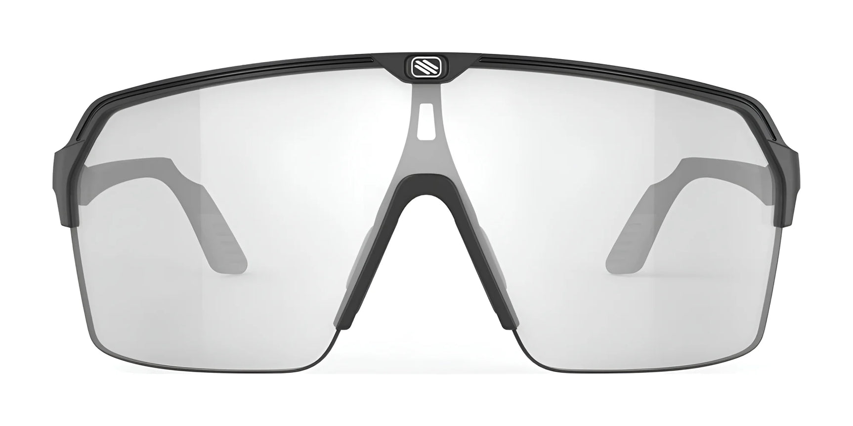 The Rudy Project Spinshield Air Sunglasses (Size 147) feature a clear lens and black frame, shown front-facing on a white background—perfect for prescription eyewear and providing excellent UV protection. The Rudy Project Spinshield Air Sunglasses (Size 147) feature a clear lens and black frame, shown front-facing on a white background—perfect for prescription eyewear and providing excellent UV protection.