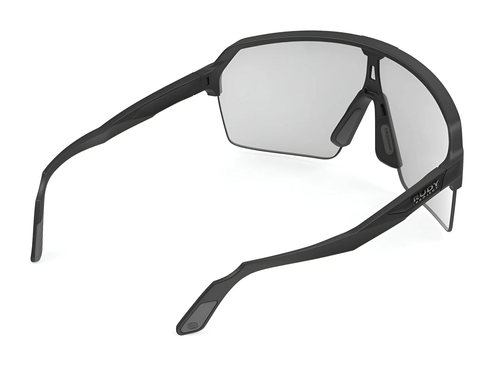 Back view of Rudy Project Spinshield Air Sunglasses | Size 147 in black, featuring clear lenses, a wraparound frame design, and built-in UV protection. Back view of Rudy Project Spinshield Air Sunglasses | Size 147 in black, featuring clear lenses, a wraparound frame design, and built-in UV protection.