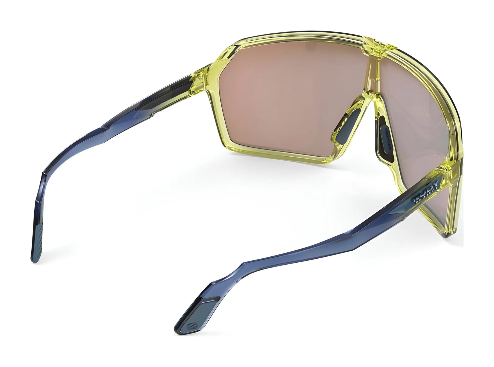 The Rudy Project Spinshield Sunglasses in size 147 feature yellow and blue frames with large, pink reflective lenses for stylish eye protection, displayed from back and side angles. The Rudy Project Spinshield Sunglasses in size 147 feature yellow and blue frames with large, pink reflective lenses for stylish eye protection, displayed from back and side angles.