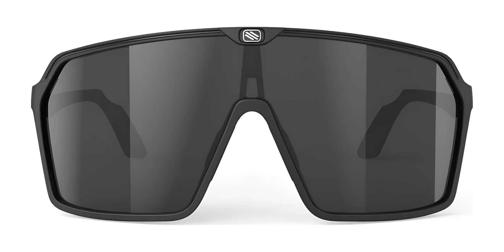 The Rudy Project Spinshield Sunglasses (size 147) by Rudy Project are large black wraparound cycling sunglasses with dark lenses, providing excellent eye protection, shown front-facing on a white background. The Rudy Project Spinshield Sunglasses (size 147) by Rudy Project are large black wraparound cycling sunglasses with dark lenses, providing excellent eye protection, shown front-facing on a white background.
