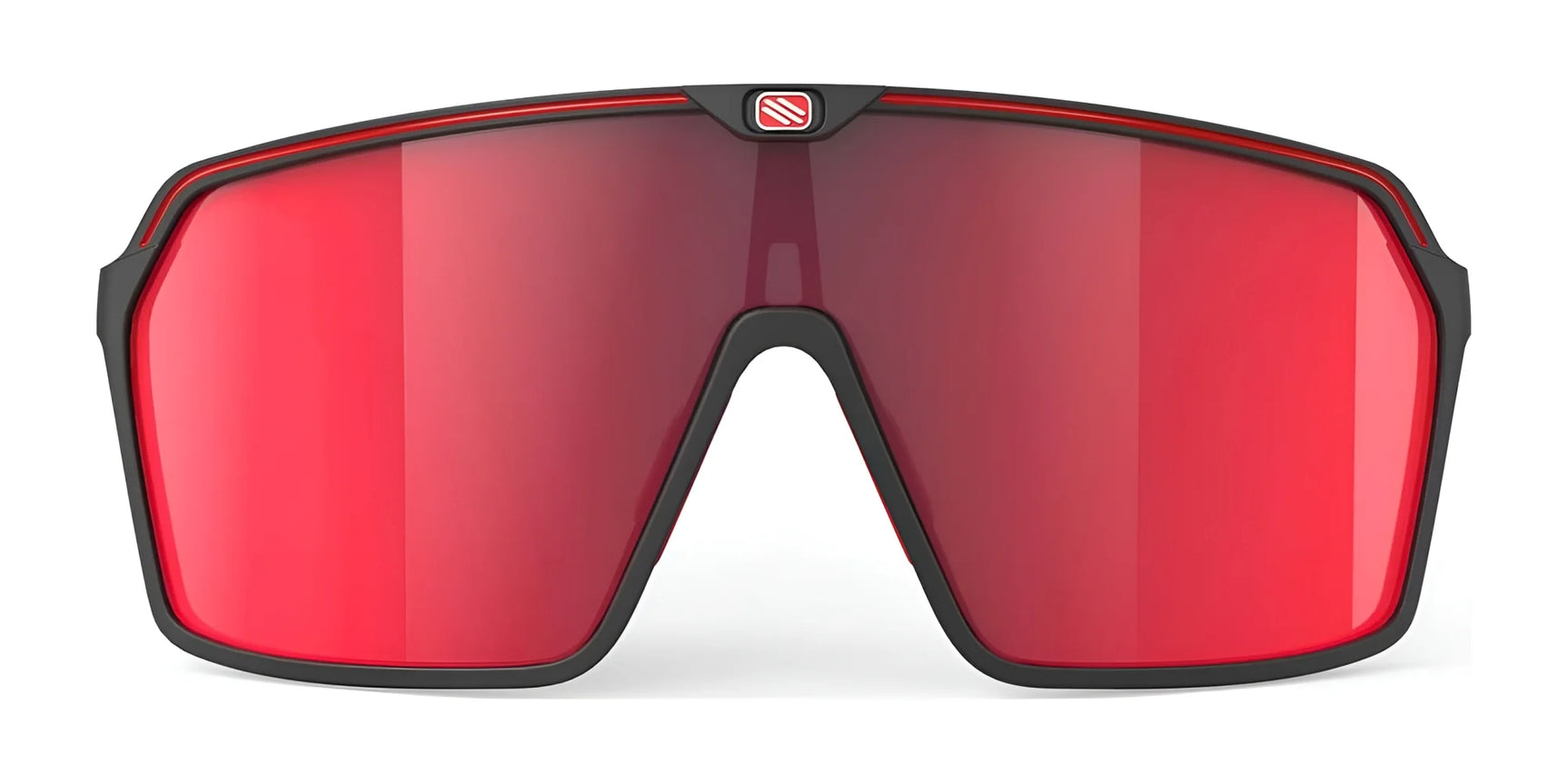 Rudy Project Spinshield Sunglasses | Size 147 by Rudy Project feature a red single large lens and black frame, designed for eye protection, shown from the front against a white background. Rudy Project Spinshield Sunglasses | Size 147 by Rudy Project feature a red single large lens and black frame, designed for eye protection, shown from the front against a white background.