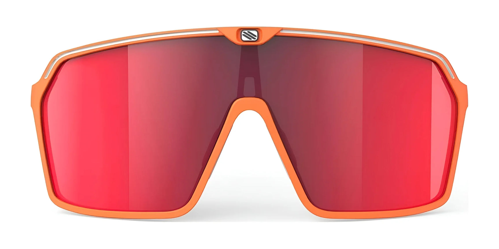 The Rudy Project Spinshield Sunglasses (Size 147) feature an orange frame and a single large red mirrored lens, viewed from the front, offering excellent eye protection. The Rudy Project Spinshield Sunglasses (Size 147) feature an orange frame and a single large red mirrored lens, viewed from the front, offering excellent eye protection.