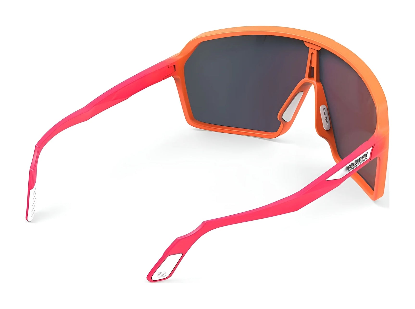 Rudy Project Spinshield Sunglasses | Size 147 feature sporty orange and pink frames, an angular design, and dark lenses for stylish eye protection, shown from the back. Rudy Project Spinshield Sunglasses | Size 147 feature sporty orange and pink frames, an angular design, and dark lenses for stylish eye protection, shown from the back.