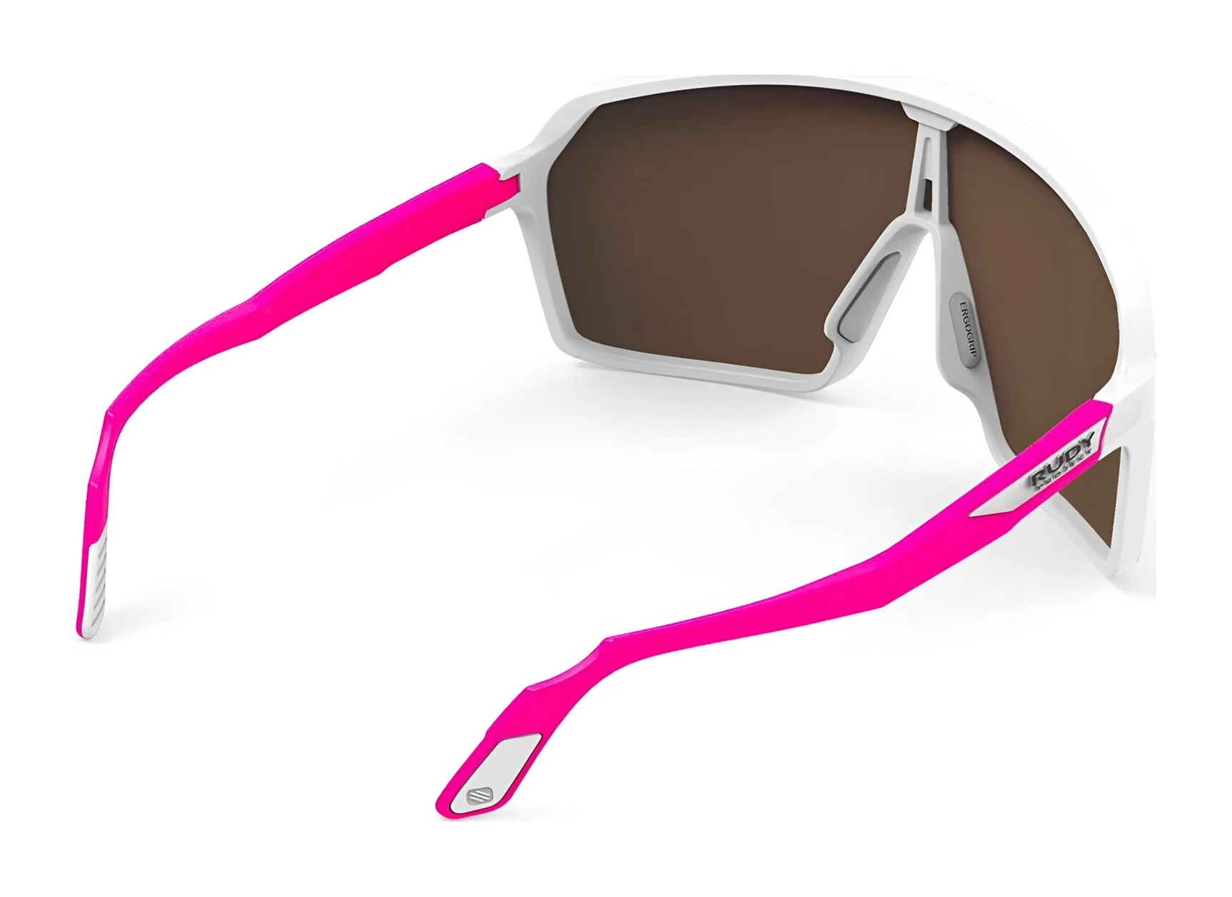 Rudy Project Spinshield Sunglasses | Size 147—white frames with brown lenses and bright pink arms, shown from the back—offer excellent eye protection for outdoor activities. Rudy Project Spinshield Sunglasses | Size 147—white frames with brown lenses and bright pink arms, shown from the back—offer excellent eye protection for outdoor activities.
