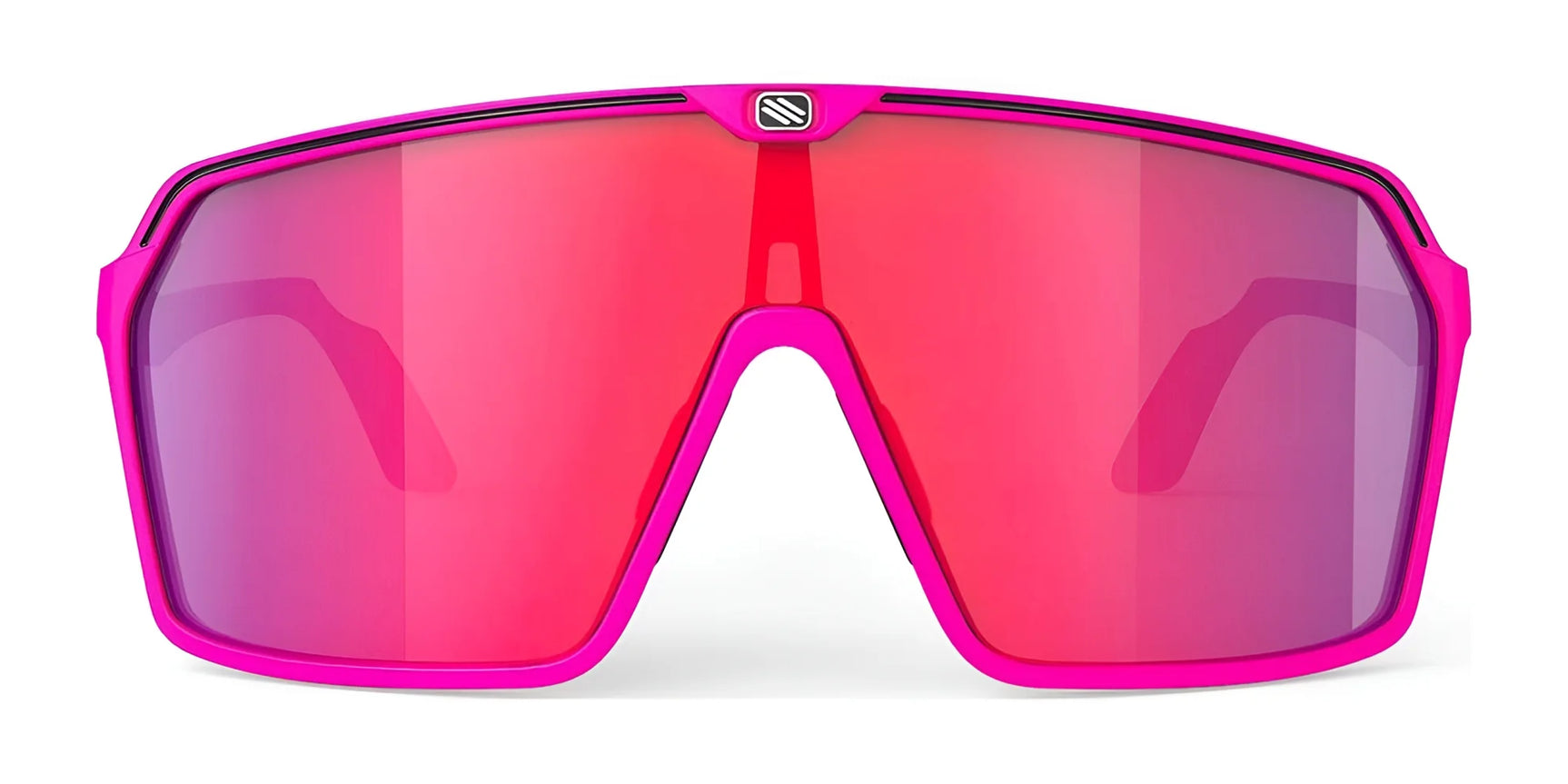 The Rudy Project Spinshield Sunglasses | Size 147 feature vivid pink frames and large mirrored red lenses for bold style and top eye protection, shown against a plain white background. The Rudy Project Spinshield Sunglasses | Size 147 feature vivid pink frames and large mirrored red lenses for bold style and top eye protection, shown against a plain white background.