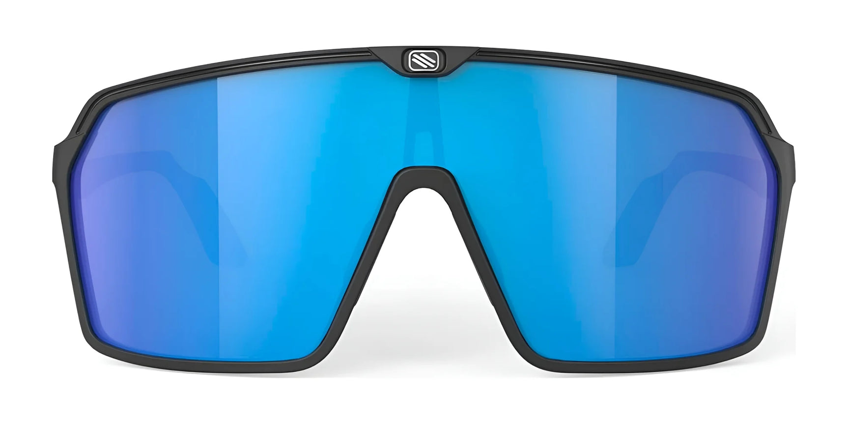 Rudy Project Spinshield Sunglasses (Size 147) feature a black frame with blue mirrored lenses, shown front-facing on a white background—ideal eye protection for outdoor sports from Rudy Project. Rudy Project Spinshield Sunglasses (Size 147) feature a black frame with blue mirrored lenses, shown front-facing on a white background—ideal eye protection for outdoor sports from Rudy Project.