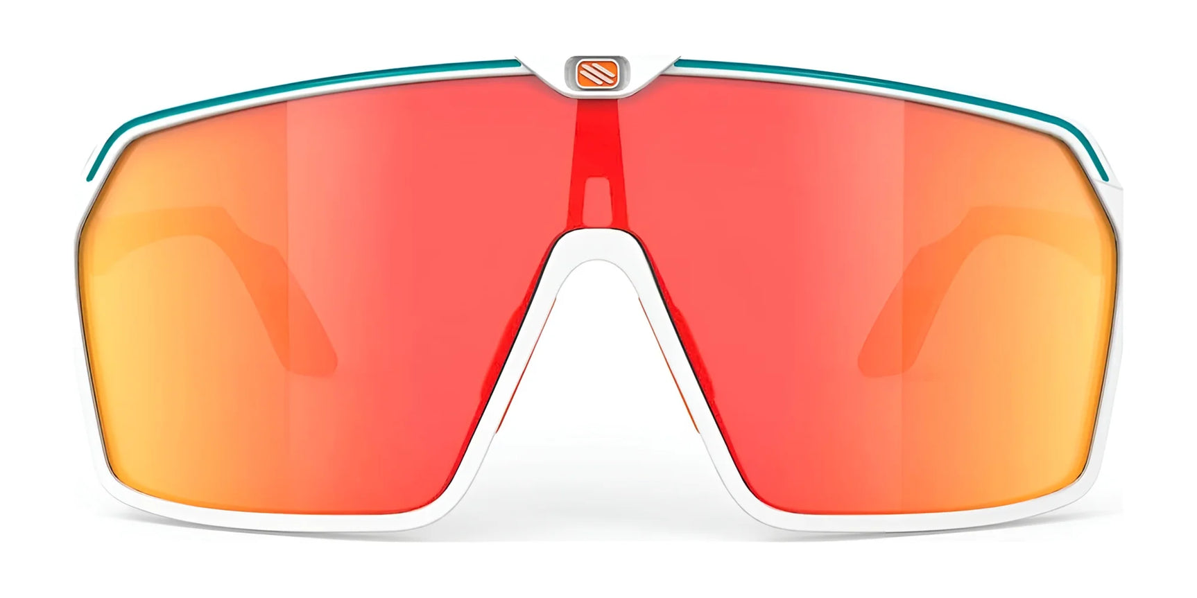 The Rudy Project Spinshield Sunglasses (Size 147) from Rudy Project feature a large single lens with a red-orange reflective tint and white frame, delivering excellent eye protection for outdoor sports. The Rudy Project Spinshield Sunglasses (Size 147) from Rudy Project feature a large single lens with a red-orange reflective tint and white frame, delivering excellent eye protection for outdoor sports.