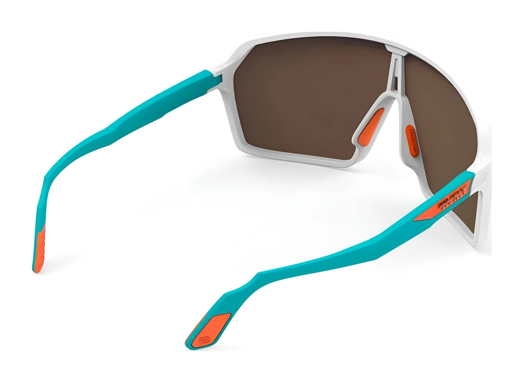 The Rudy Project Spinshield Sunglasses | Size 147 feature white frames, teal arms, orange accents, and large brown lenses for excellent eye protection, viewed from the back. The Rudy Project Spinshield Sunglasses | Size 147 feature white frames, teal arms, orange accents, and large brown lenses for excellent eye protection, viewed from the back.