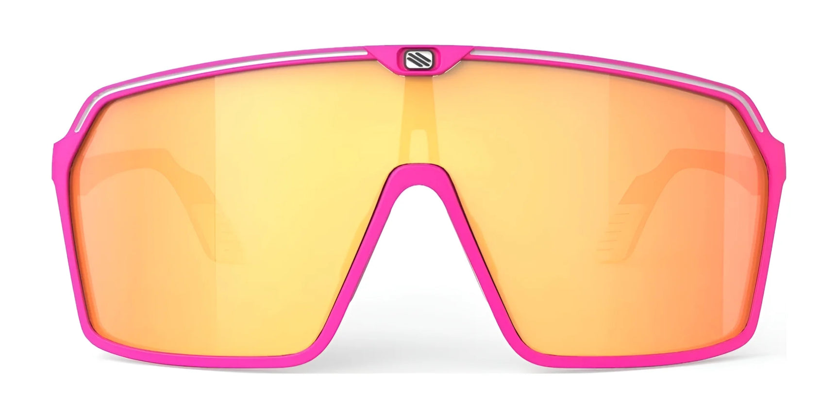 Rudy Project Spinshield Sunglasses | Size 147 in pink, featuring large orange-tinted lenses for eye protection and high performance, shown from the front on a white background. Rudy Project Spinshield Sunglasses | Size 147 in pink, featuring large orange-tinted lenses for eye protection and high performance, shown from the front on a white background.