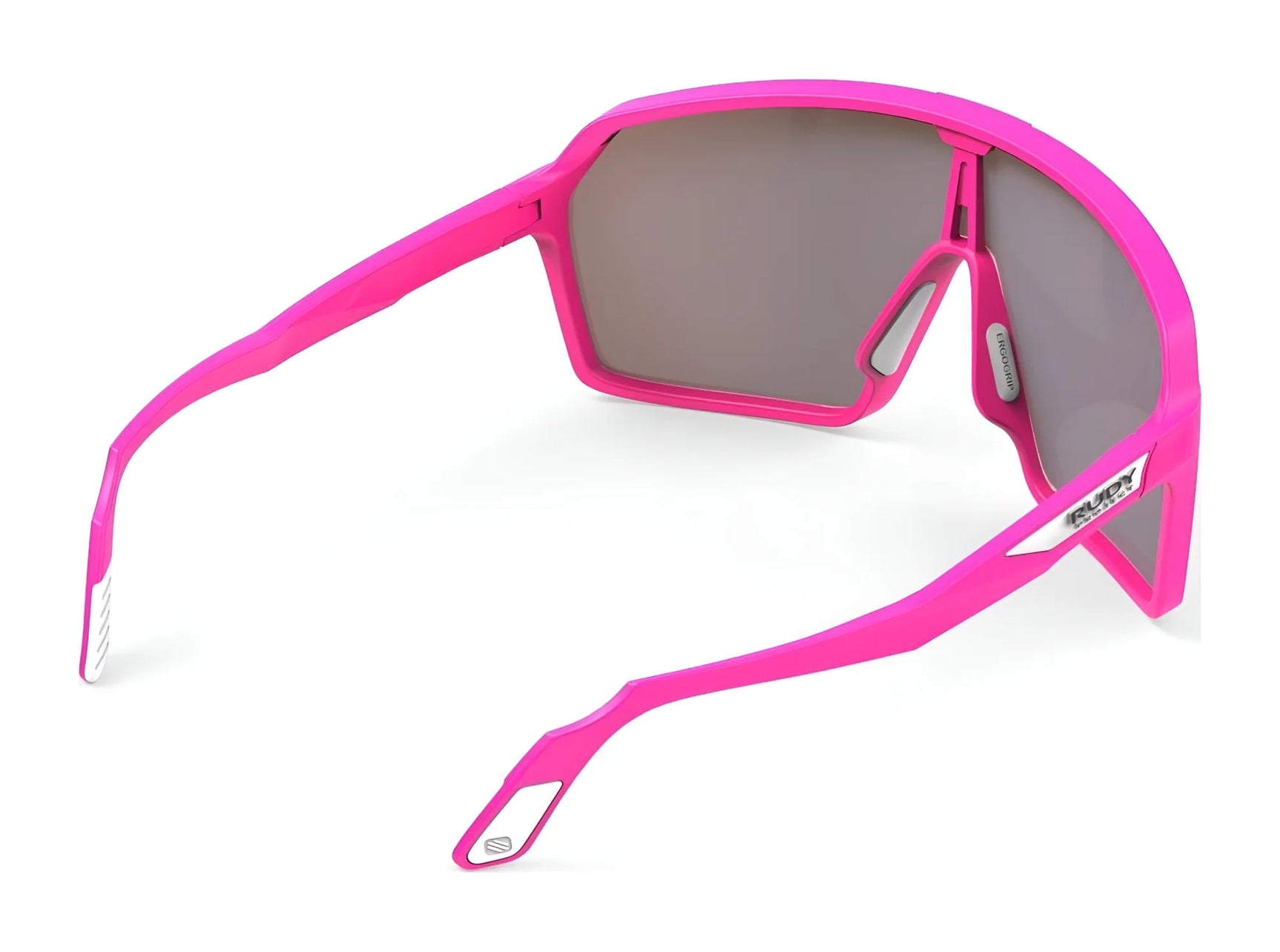 The Rudy Project Spinshield Sunglasses, size 147, feature a bright pink frame and large angular gray lenses for stylish eye protection, shown from a rear angled view. The Rudy Project Spinshield Sunglasses, size 147, feature a bright pink frame and large angular gray lenses for stylish eye protection, shown from a rear angled view.