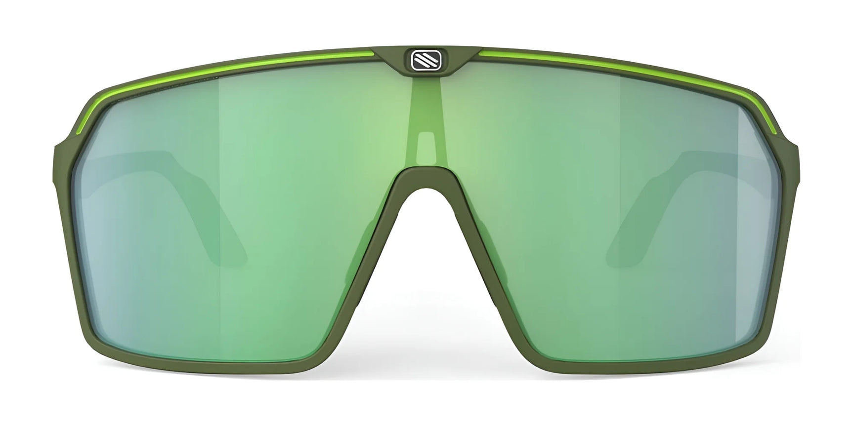The Rudy Project Spinshield Sunglasses (Size 147) feature a green frame and large, reflective green-tinted lenses, shown from the front, for excellent eye protection. The Rudy Project Spinshield Sunglasses (Size 147) feature a green frame and large, reflective green-tinted lenses, shown from the front, for excellent eye protection.
