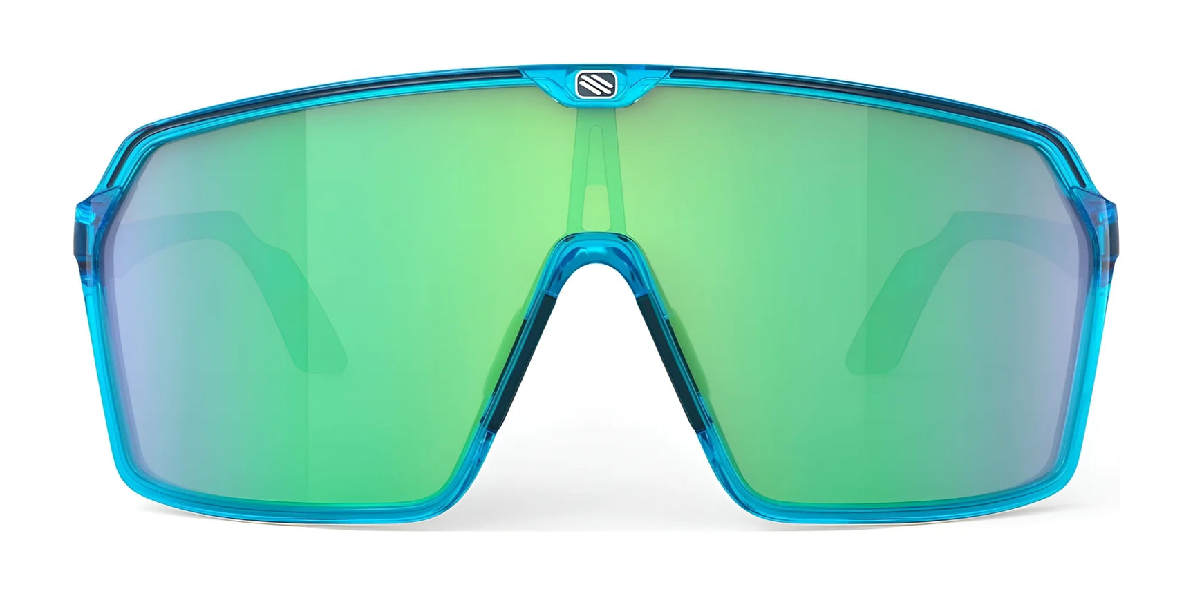 The Rudy Project Spinshield Sunglasses (Size 147) by Rudy Project feature a blue frame, large green-tinted lens, and single bridge for optimal eye protection, viewed from the front. The Rudy Project Spinshield Sunglasses (Size 147) by Rudy Project feature a blue frame, large green-tinted lens, and single bridge for optimal eye protection, viewed from the front.