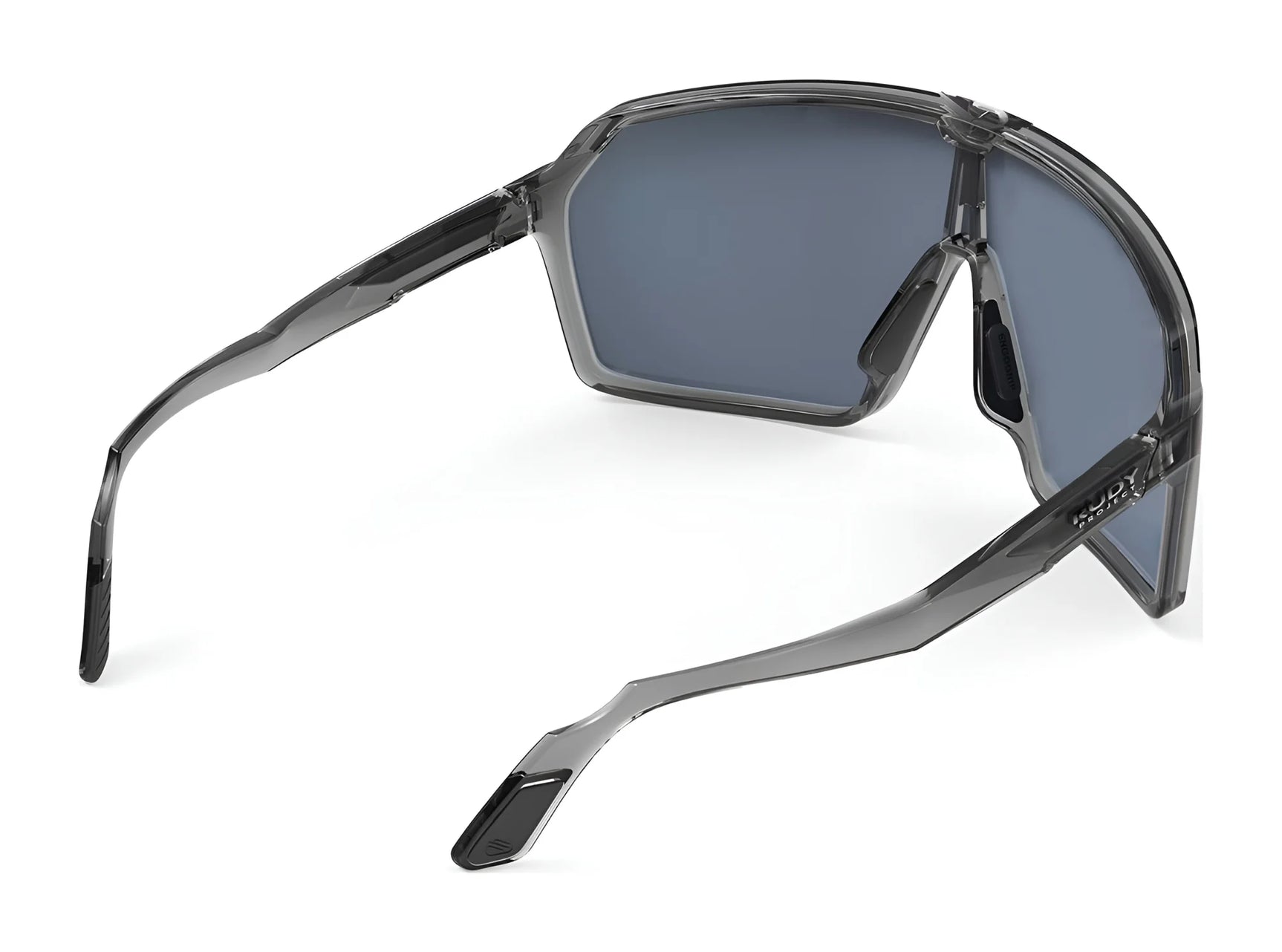 The Rudy Project Spinshield Sunglasses | Size 147 feature angular gray frames and blue-tinted side shields, seen from the back, delivering stylish eye protection for active lifestyles. The Rudy Project Spinshield Sunglasses | Size 147 feature angular gray frames and blue-tinted side shields, seen from the back, delivering stylish eye protection for active lifestyles.