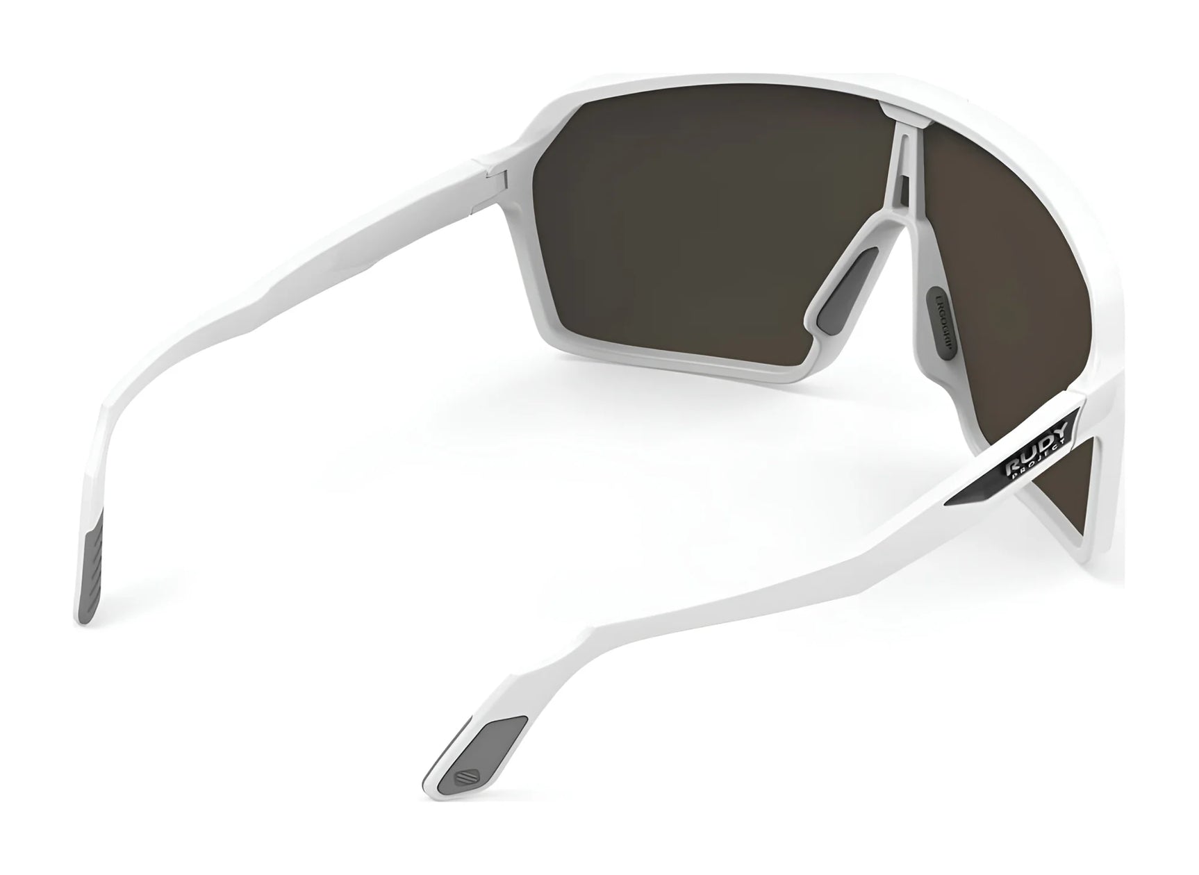 The Rudy Project Spinshield Sunglasses | Size 147 feature a white frame and dark lenses, shown from an angle highlighting the inside and side arms, delivering excellent eye protection for outdoor sports. The Rudy Project Spinshield Sunglasses | Size 147 feature a white frame and dark lenses, shown from an angle highlighting the inside and side arms, delivering excellent eye protection for outdoor sports.