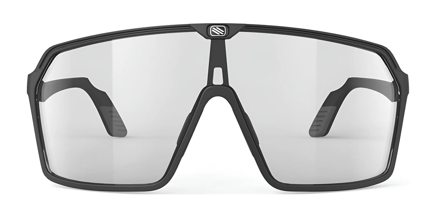 The Rudy Project Spinshield Sunglasses (Size 147) feature large, clear lenses and a black frame for excellent eye protection, displayed front-facing on a white background. The Rudy Project Spinshield Sunglasses (Size 147) feature large, clear lenses and a black frame for excellent eye protection, displayed front-facing on a white background.