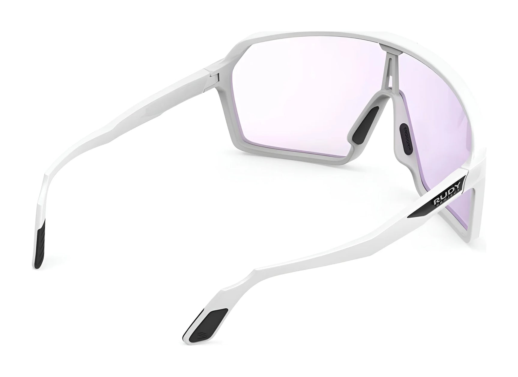Rudy Project Spinshield Sunglasses by Rudy Project, Size 147, feature a white frame with light purple lenses, shown from the back and side angle for optimal eye protection during outdoor activities. Rudy Project Spinshield Sunglasses by Rudy Project, Size 147, feature a white frame with light purple lenses, shown from the back and side angle for optimal eye protection during outdoor activities.