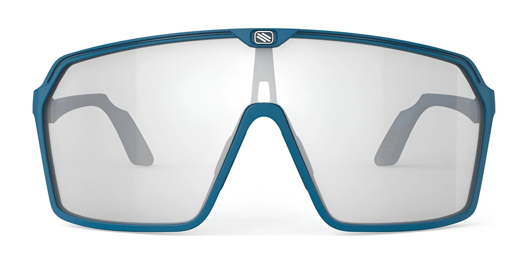 The Rudy Project Spinshield Sunglasses (Size 147) feature a blue frame and large clear lenses, offering optimal eye protection, as seen from the front. The Rudy Project Spinshield Sunglasses (Size 147) feature a blue frame and large clear lenses, offering optimal eye protection, as seen from the front.